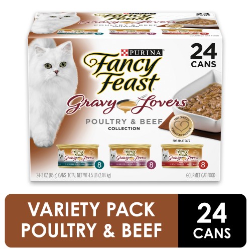 (24 Pack) Fancy Feast Gravy Wet Cat Food Variety Pack Gravy Lovers Poultry & Beef Feast Collection 3 oz. Cans